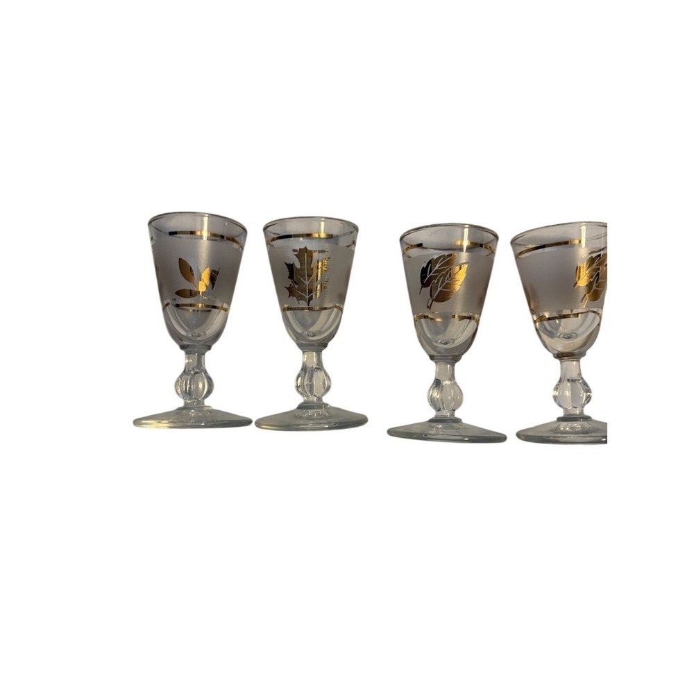Libbey Shot Glasses Vintage Frosted Gold Leaf Design Clear Set of‎ 4